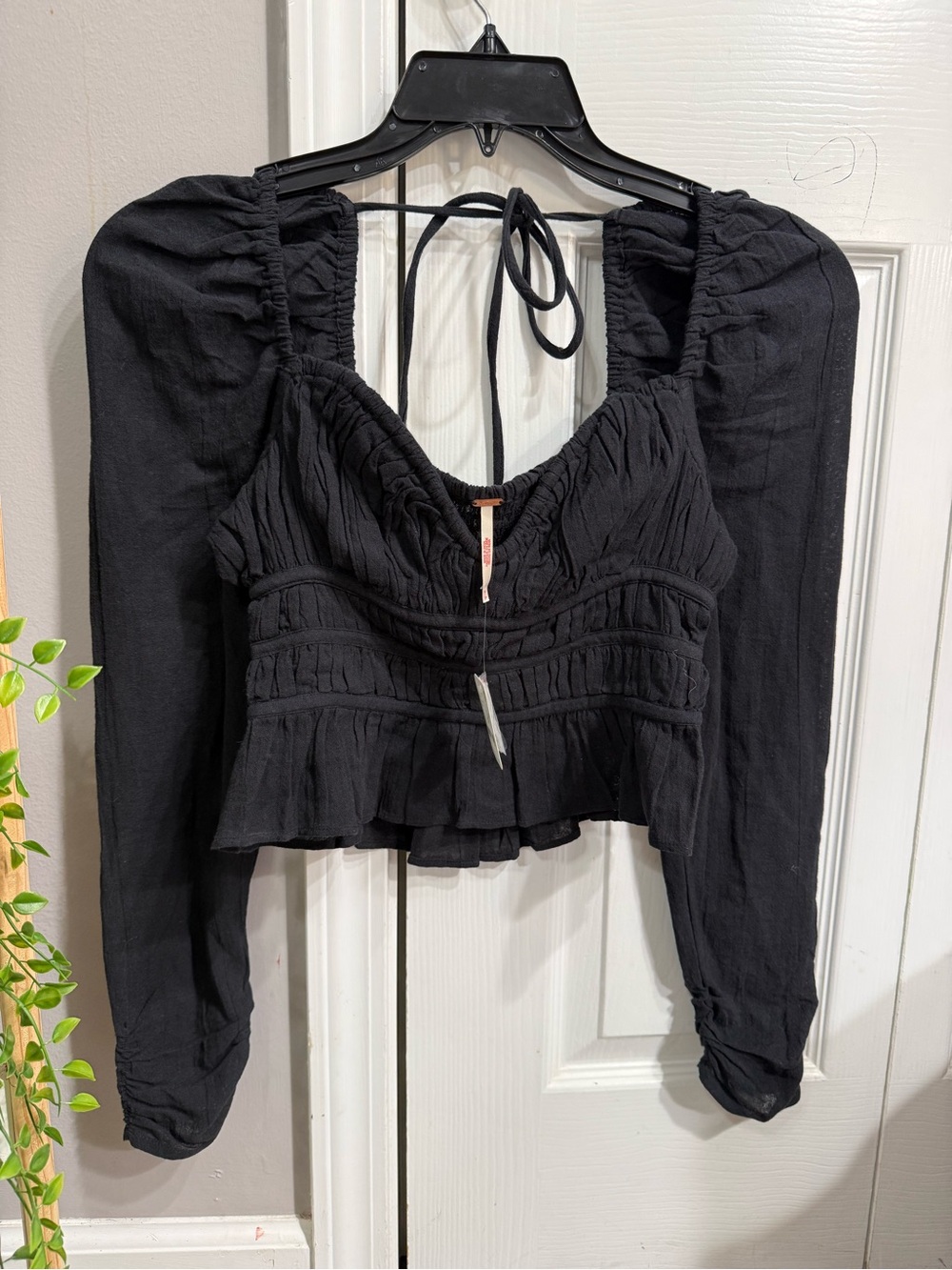 Free People Black Smocked Peplum Long-Sleeve Crop Top